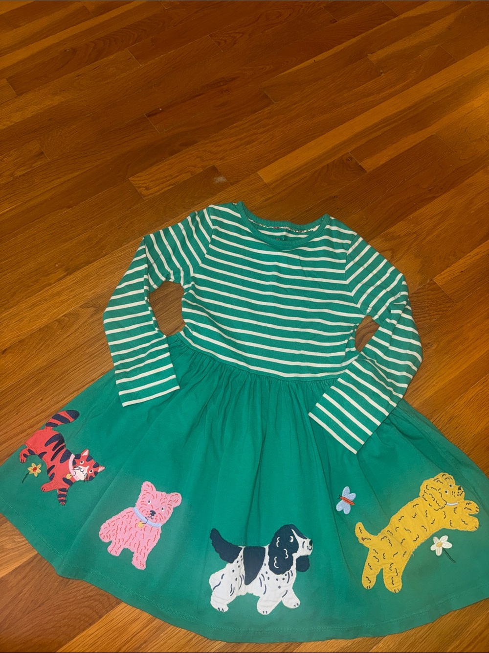 Mini Boden Green Striped Long-Sleeve Dress with Playful Animal Appliqués